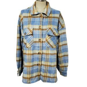 NWT Timing Blue Yellow Thick Fleece Plaid Shacket Shirt Polyester Wool Blend L